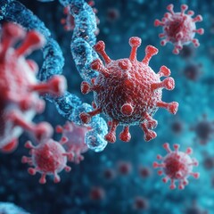 Microscopic focus on virus particles, research breakthrough, illustration