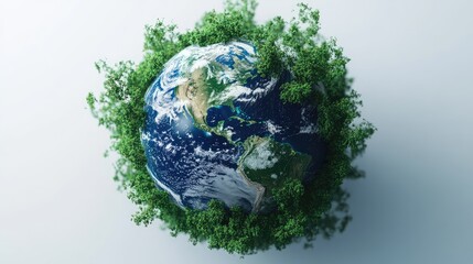 Fototapeta premium A detailed and vibrant 3D Earth with green and blue tones, encircled by greenery and trees, with a clean white background.