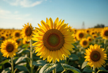 Fototapeta premium Concept photo of close-up a sunflower, field of sunflowers