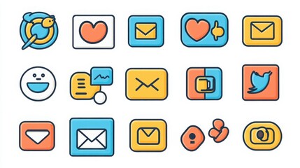 Social Media Interaction thin line icon set. Containing like, share, comment, notification, follow, unfollow, direct message, friend request, mention, tag, save post, share link.