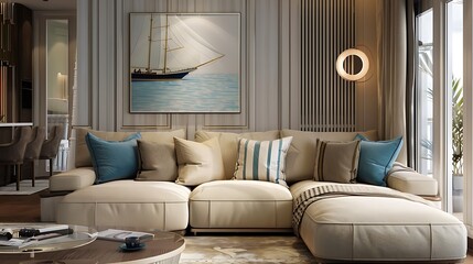 Superb decor of a trendy living room like a cozy beige sofa in a seaside land