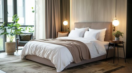 Modern Cozy Bedroom Interior with Elegant Bed, Soft Lighting, and Greenery by the Window