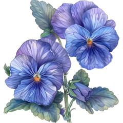 A close-up illustration of three blue pansies with green leaves, drawn in the style of a childrens book