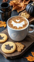 Fototapeta premium Charming autumn scene featuring a latte with bat art, cookies, and pumpkins on a rustic wooden tray with leaves.