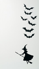 Silhouette of witch on broomstick with bats flying on color background