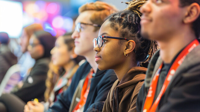 Gen Z at a tech conference - A group of young tech enthusiasts attending a conference, listening to speakers, networking with others.