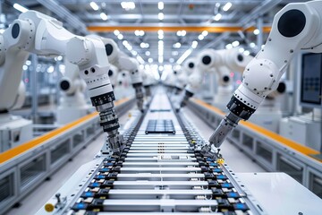 Robotic Arms Working on Automated Assembly Line in Advanced Manufacturing Facility