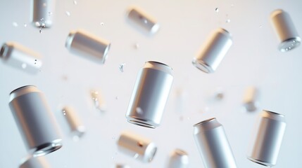 Naklejka premium Floating Aluminum Cans: A captivating image of numerous sleek, blank aluminum cans suspended in mid-air against a soft, bright backdrop. Perfect for showcasing beverage concepts, design mockups.