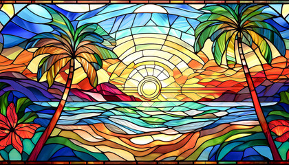 Stained glass depicting a landscape with beach, sea and palm trees; flat lay