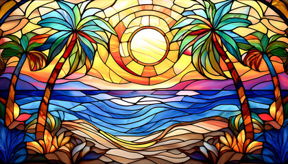 Stained glass depicting a landscape with beach, sea and palm trees; flat lay
