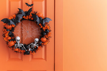 Halloween wreath with skeleton and bats on orange door background