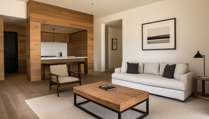 Stylish interior of a modern living room featuring neutral tones, wooden accents, and minimalist furniture, ideal for contemporary design.
