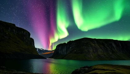 beauty of fjord with cliffs, calm lake, the northern lights dancing at night - Powered by Adobe