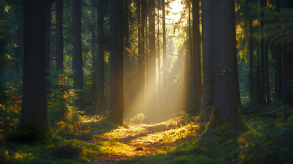 Fototapeta premium Observing the sunlight filtering through the trees in a forest, surrounded by a natural landscape of terrestrial plants, trunks, twigs, grass, and various shades of wood