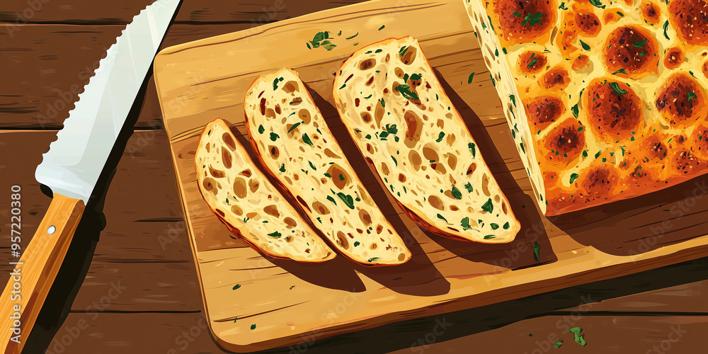 Wall mural Sliced focaccia bread on wooden cutting board with knife beside it