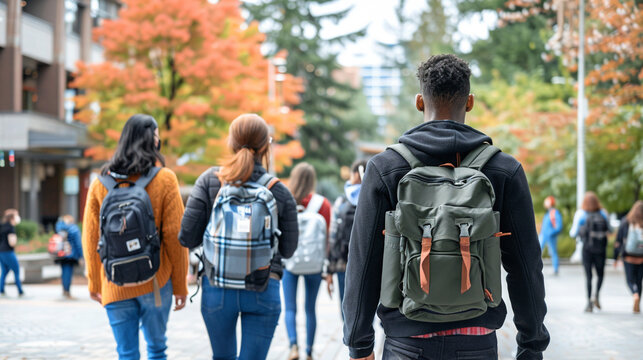 Multi-ethnic college students walking across a busy campus quad, surrounded by tall trees and modern buildings, with backpacks slung over their shoulders.
