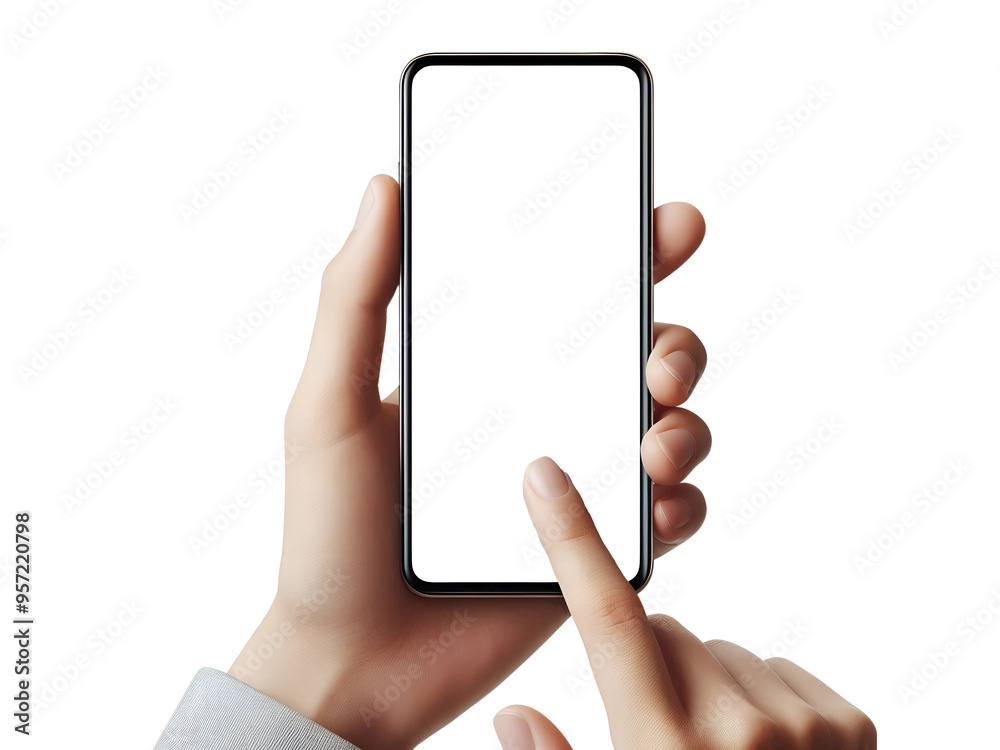 Wall mural close up hand holding mobile phone, mobile screen mockup, showing smartphone frame, cut out transpar