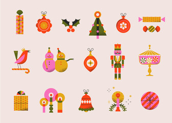 Graphic, vintage, and vibrant set of Christmas-themed illustrations. Featuring textured designs perfect for creating wrapping paper, pattern elements, or festive graphic layouts for the holiday season