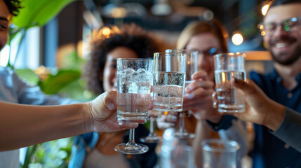 Team celebrating a project completion - A group of colleagues toasting with glasses of sparkling water or juice, celebrating the successful completion of a major project in a festive office setting.