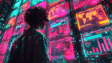A person in a cyberpunk setting analyzes multiple neon-lit digital screens displaying data, maps, and graphs in a futuristic environment