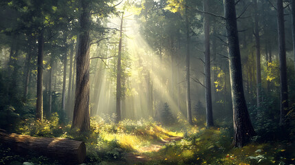 Fototapeta premium Observing the sunlight filtering through the trees in a forest, surrounded by a natural landscape of terrestrial plants, trunks, twigs, grass, and various shades of wood