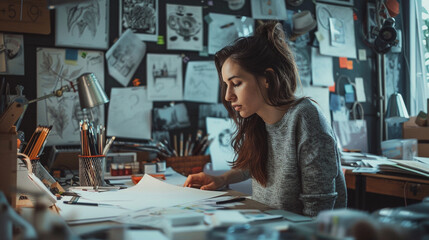 Fototapeta premium Woman entrepreneur in a creative studio - A successful woman working in her creative studio, surrounded by art supplies, sketches, and prototypes, passionately discussing her latest project.