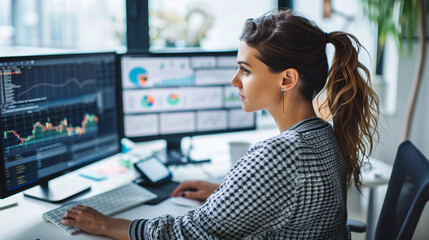 Woman in finance analyzing data - A professional woman in a financial office, sitting at her desk and analyzing data on multiple computer screens, with graphs and charts displayed