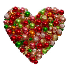 Christmas ornaments composition in the shape of heart. Christmas balls of different colors on a transparent background. 3D render. Holiday decoration.