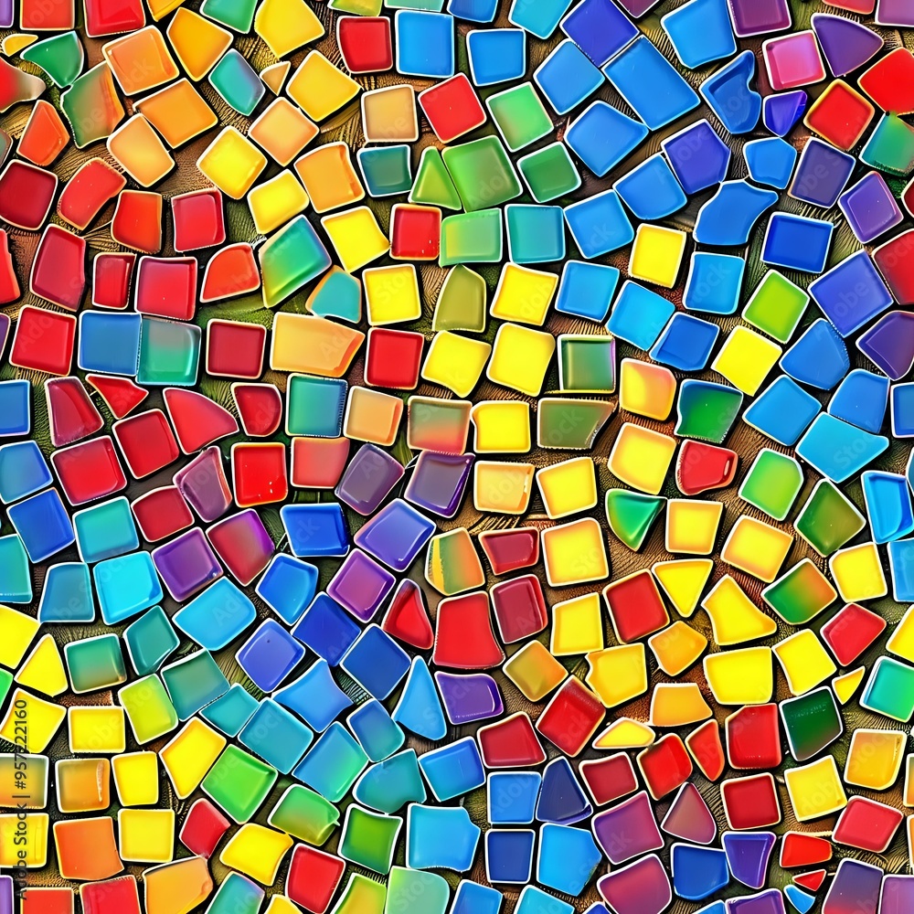 Poster vibrant abstract mosaic pattern composed of multicolored tiles in various shapes and sizes. the dyna