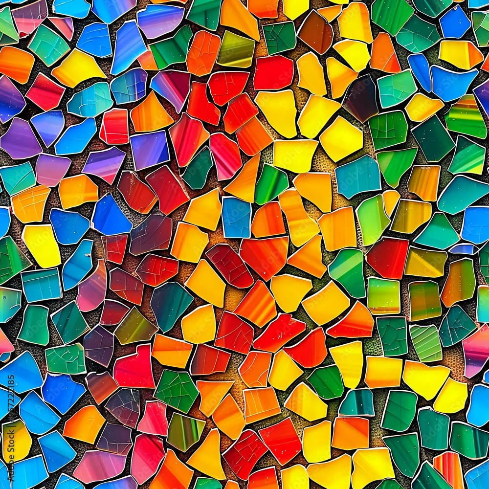 Poster vibrant abstract mosaic pattern composed of multicolored tiles in various shapes and sizes. the dyna