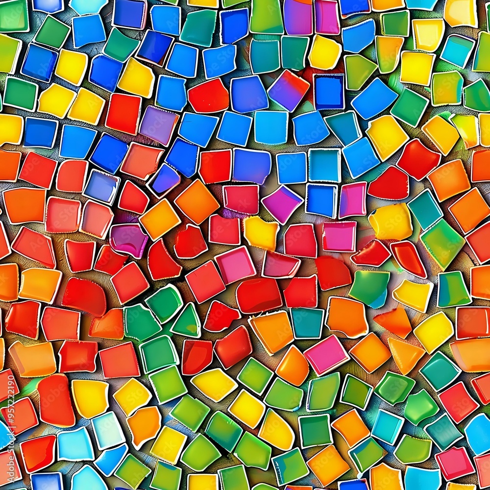 Poster vibrant abstract mosaic pattern composed of multicolored tiles in various shapes and sizes. the dyna
