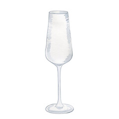 Champagne flute glass empty watercolor illustration. Hand drawn image of glass goblet for wine or prosecco on isolated background.