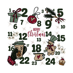 Vector Christmas advent calendar with snowman, gifts, christmas tree, decorative balls. Countdown holiday calendar on white background