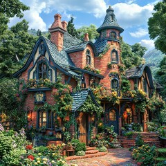 Enchanting Corner Brick Building in a Fairytale Town Surrounded by Lush Greenery and Vibrant Colors