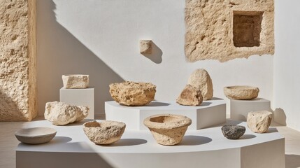 Neutral stone samples and abstract sculptures rest on a white shelf, beautifully lit by natural light