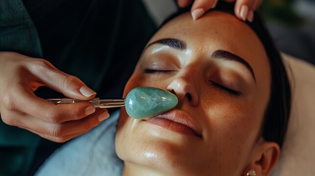 Relaxing facial treatment with a jade roller for skincare enhancement in a calming spa environment