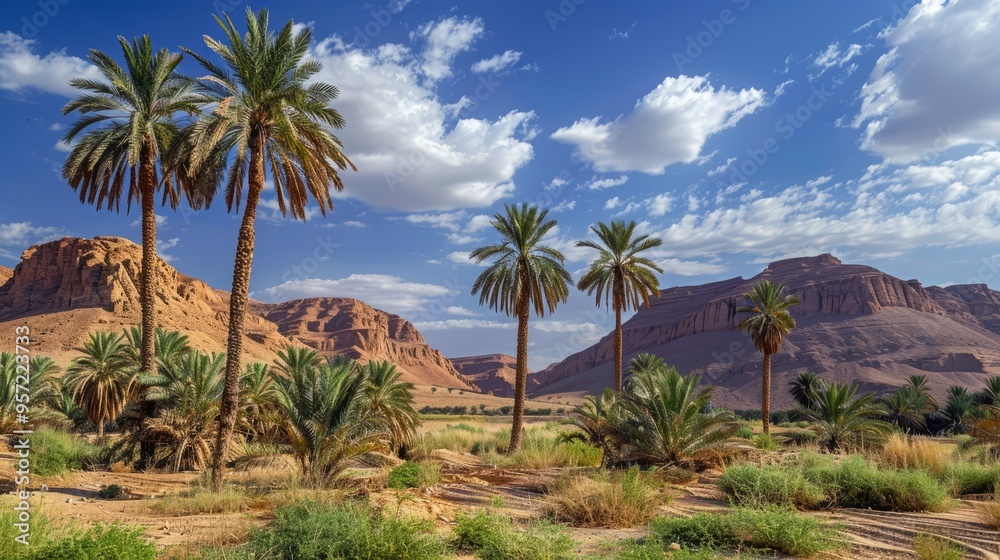 Poster a desert landscape with palm trees and mountains in the background