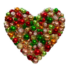 Christmas ornaments composition in the shape of heart. Christmas balls of different colors on a transparent background. 3D render. Holiday decoration.