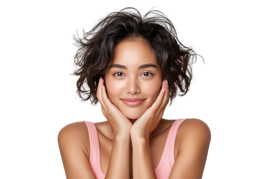 Smiling woman with short hair touches face