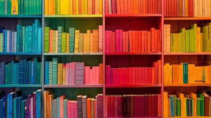 Fototapeta premium Colorful rainbow bookshelf arrangement in library with books organized by color from blue and turquoise through red and yellow creating vibrant spectrum display perfect for education background.