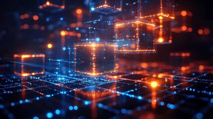 Fototapeta premium Futuristic Blockchain Network Concept with 3D Digital Cubes and Light Trails