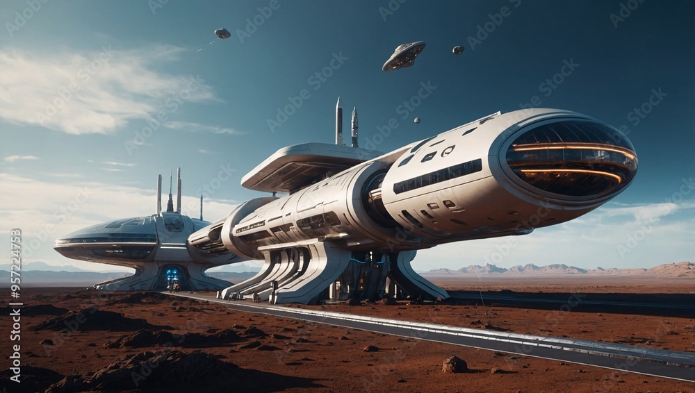 Wall mural sci-fi spaceport with futuristic spacecraft and advanced docking systems.