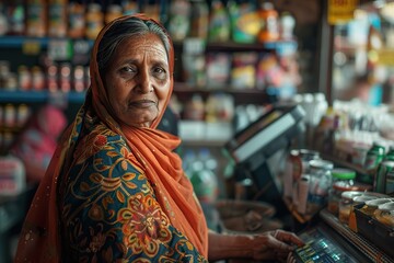 Portrait of a joyful Indian woman grocery store owner at her cash register