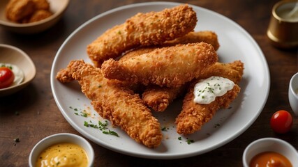 Golden fried chicken tenders served with bread and dipping sauce.