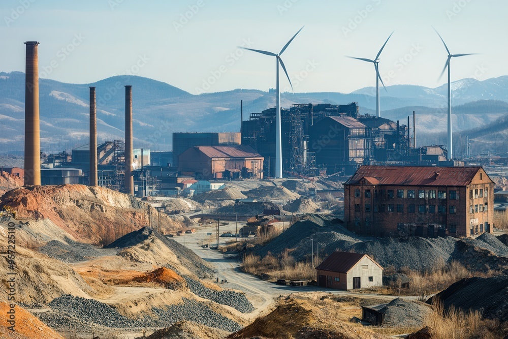 Aufkleber Closed coal mines and old factories stand in the foreground, while wind turbines signify a shift to renewable energy in the valley. Generative AI