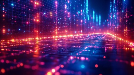 Fototapeta premium Digital Dreamscape: Vaporwave Neon Blockchain Grid with Retro Aesthetics