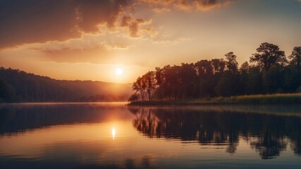 Obraz premium Sun rising in the morning beautiful banner on lake background.