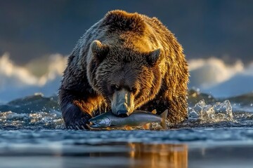Fototapeta premium A Brown Bear Catches a Salmon in a River