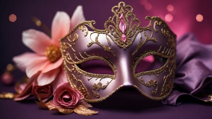 Naklejka premium Masquerade mask in festive colors on purple and pink background.