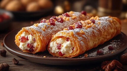 A beautifully plated cannoli filled with rich ricotta cream, dusted with powdered sugar, served on a dessert plate, with a blurred café setting softly glowing in the background, creating a warm,